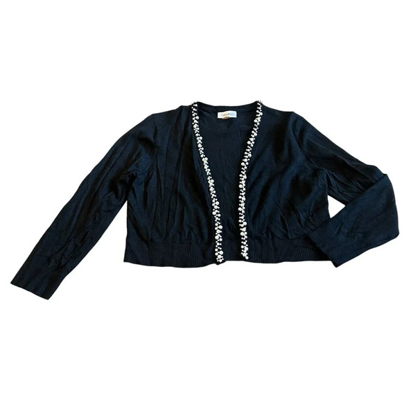 Calvin Klein Open Front Black Cardigan Sweater Cropped Length Bead Trim Medium - Picture 1 of 8